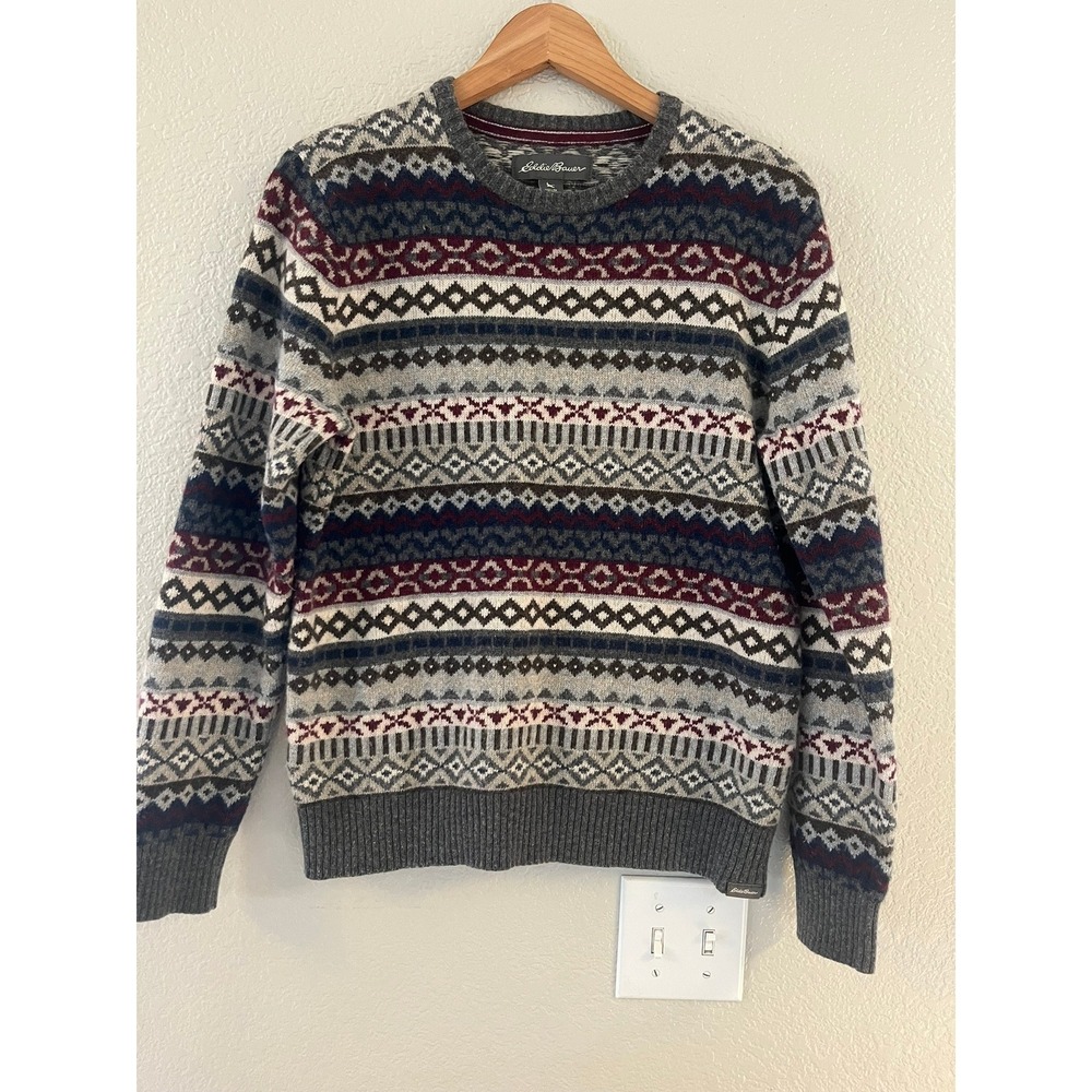 Eddie Bauer Mens Fair Isle Wool Blend Crewneck Sweater Grey Blue Burgundy M